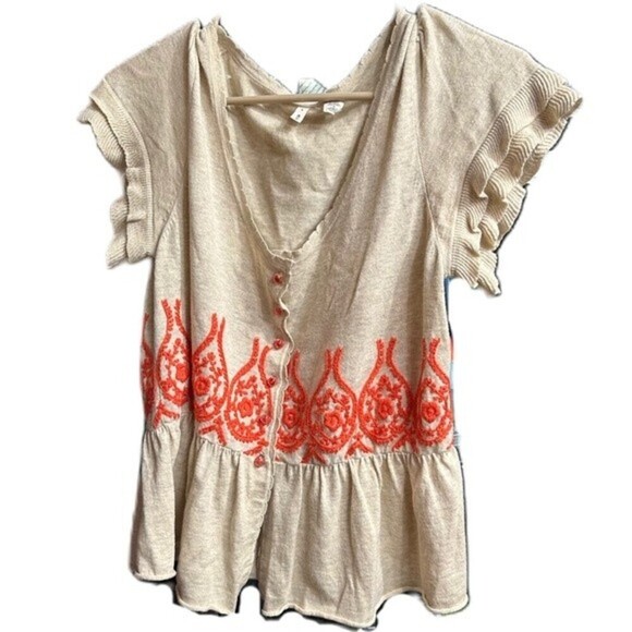 Moth Anthropologie Peplum Short Sleeve Fanning‎ Flame Sweater Size Medium - Picture 13 of 15
